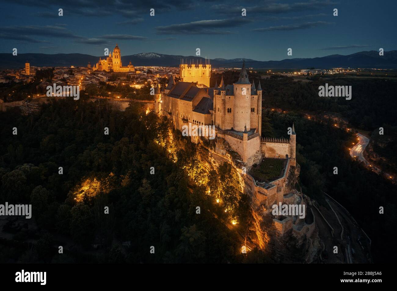 Alcazar of Segovia as the famous landmark aerial view at night in Spain ...