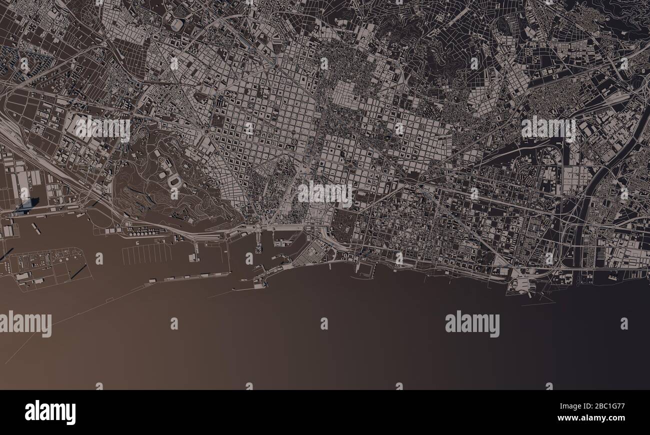 Barcelona, Spain city map 3D Rendering. Aerial satellite ...