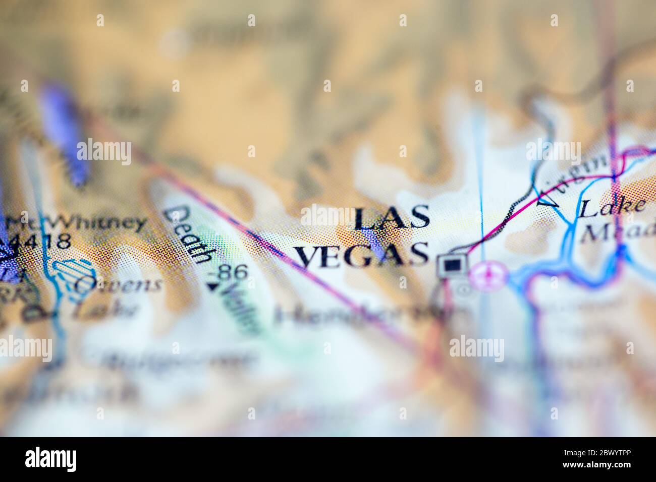 Shallow depth of field focus on geographical map location of Las Vegas city United States of 