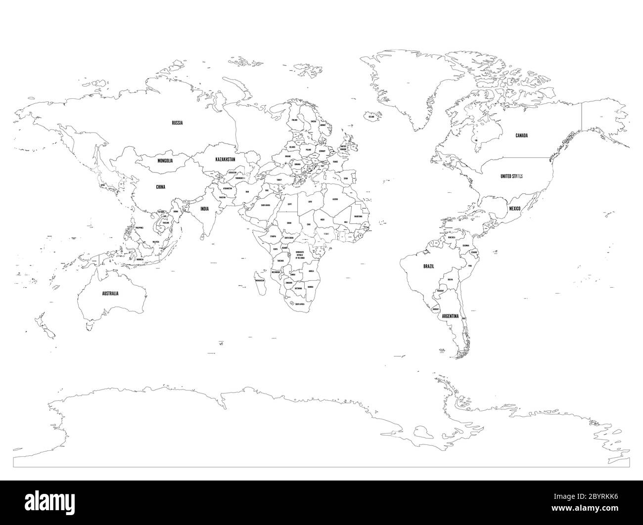 Horizontally flipped political map of World. Mirror reflection. Thin ...