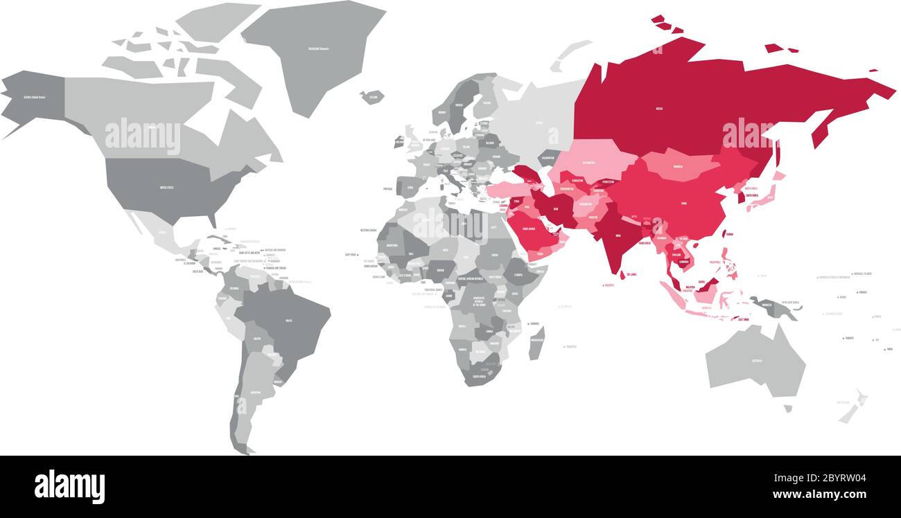 Map Of World In Grey Colors With Red Highlighted Countries Of Asia Vector Illustration 2BYRW04 