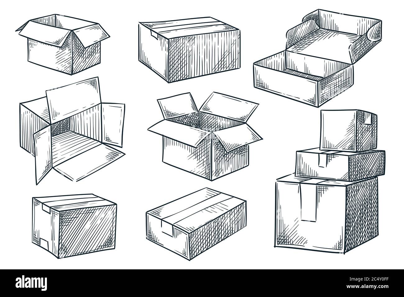 Cardboard Boxes Set Closed And Open Empty Postal Packages Collection