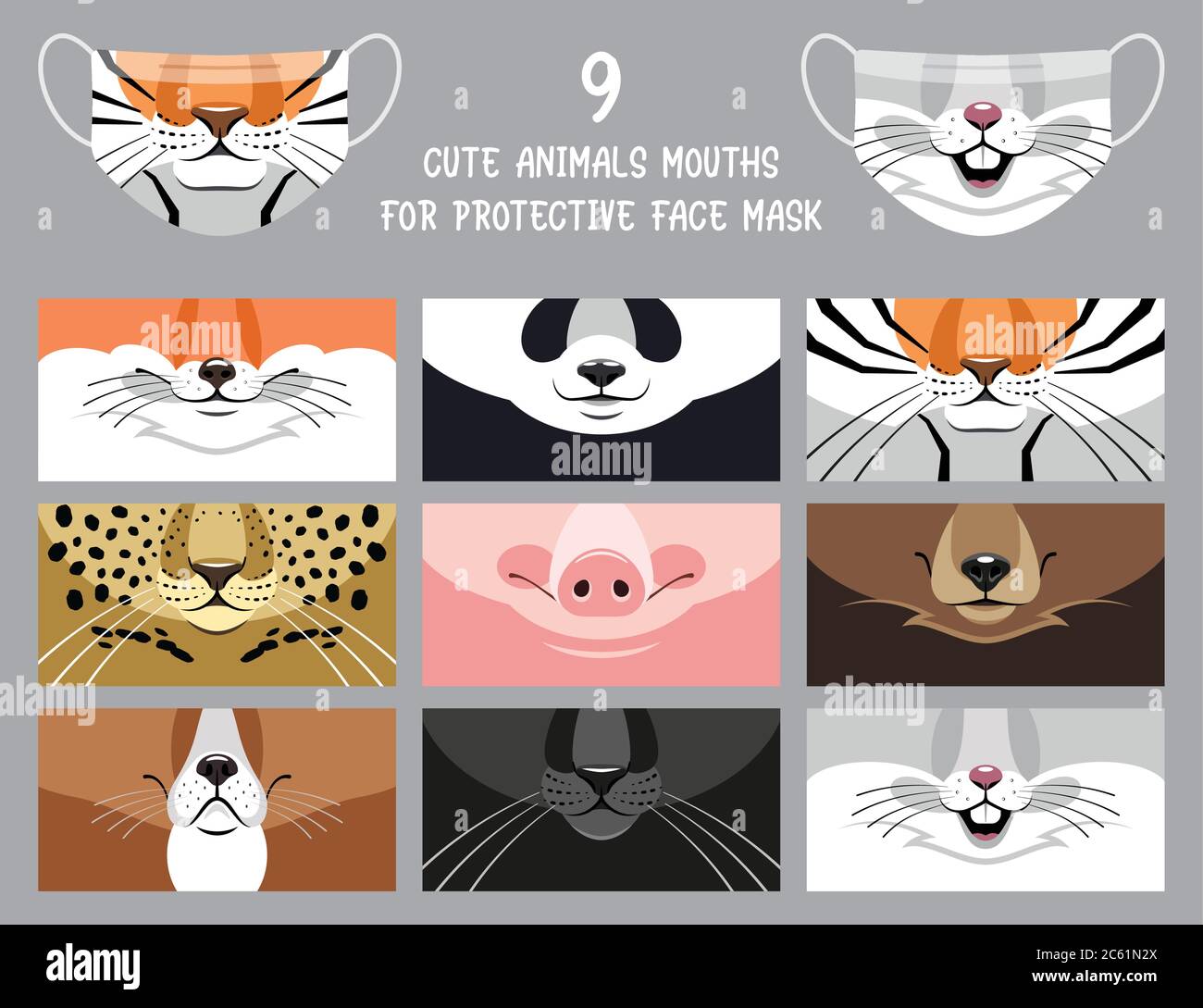 9 Cute animals mouths for protective face mask. Funny cartoon style ...