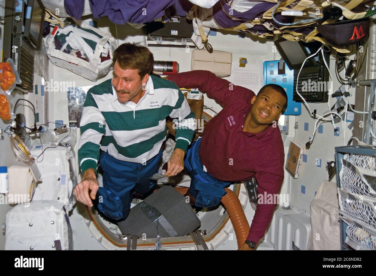 (14 August 1997) Astronauts Kent V. Rominger (left), pilot, and