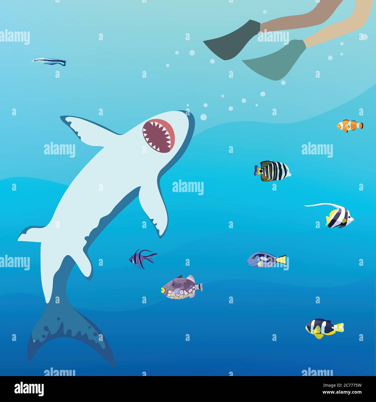 Angry shark tries to catch the diver. Vector illustration ...