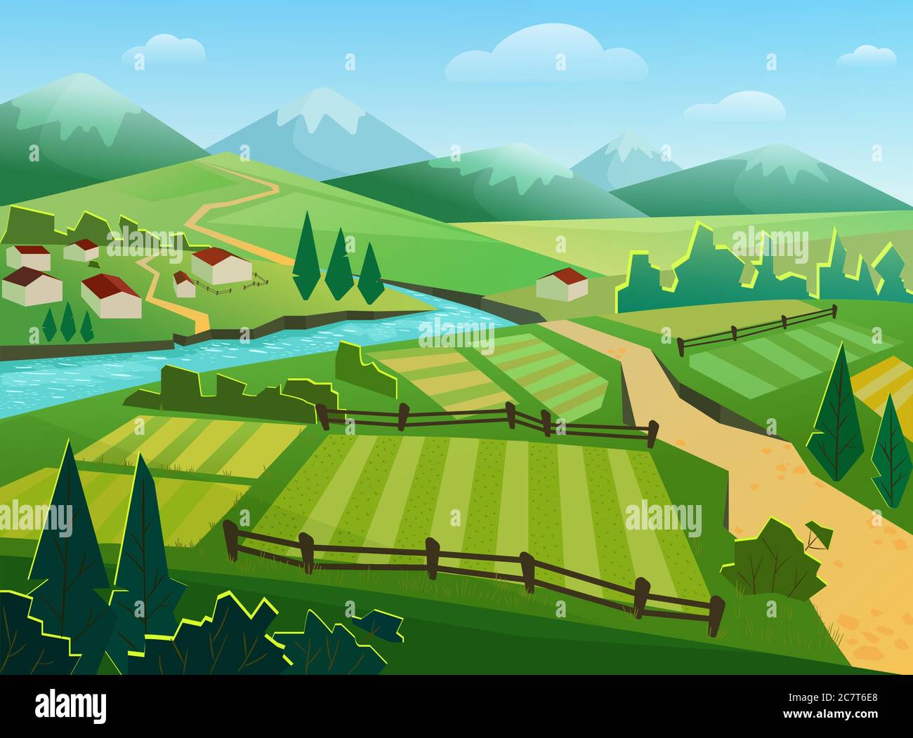 Green fields and mountains flat vector illustration. Rural landscape