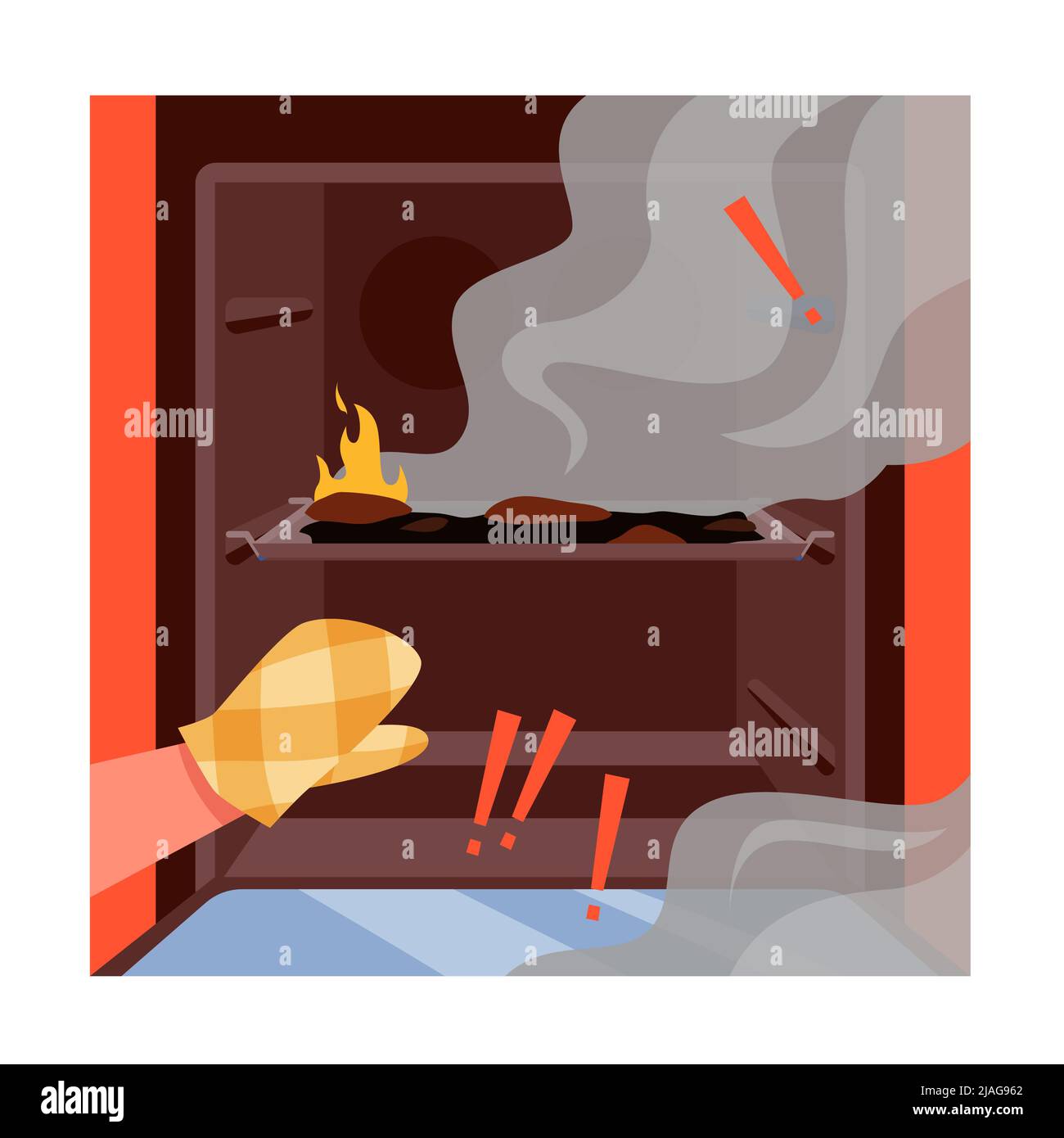 Hands in fireproof protection open oven door, fire and smoke inside