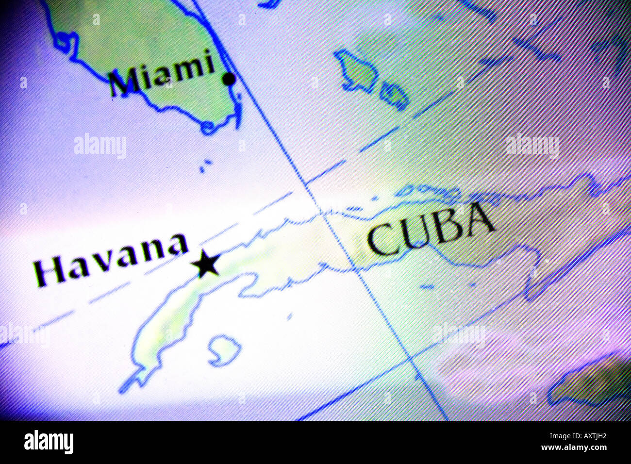 Closeup map showing Cuba and Southern Florida of the United States