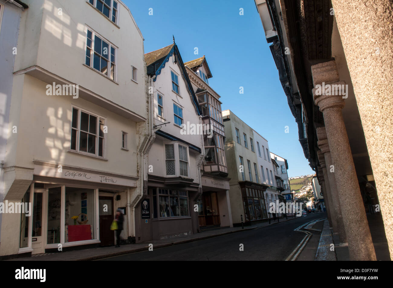 View of shops in historic Tudor buildings in Duke Street, Dartmouth