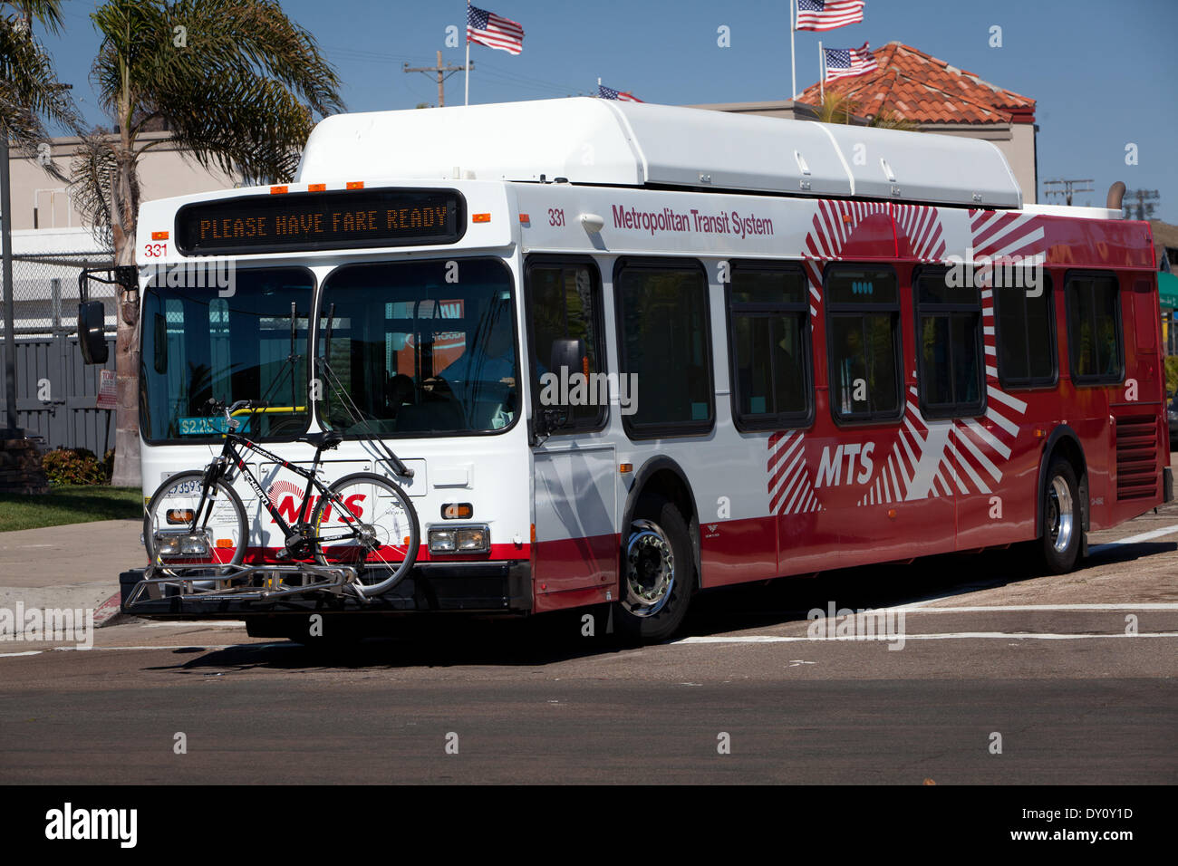 A bicycle mounted on a bike rack on a MTS Bus on Mission blvd, in Stock ...