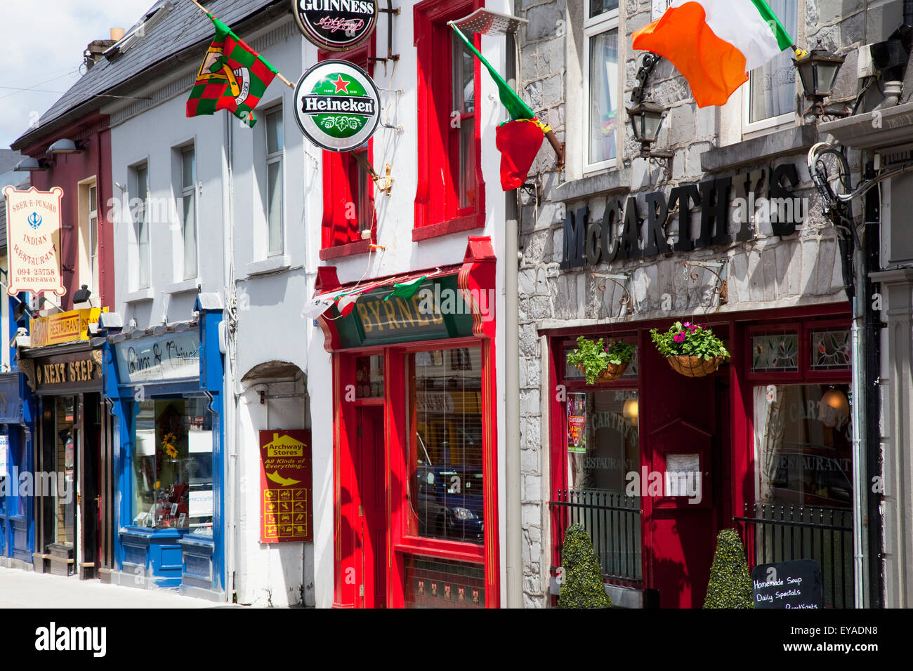 Shops In A Row Painted In Bright Colours; Castlebar, County Mayo Stock