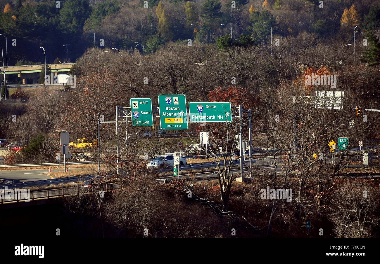Newton Massachusetts Interstate Highway Signs On Route 30 Stock Photo