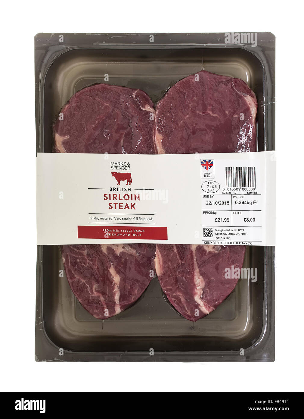 British Sirloin Steak from Marks & Spencer on a White Background Stock