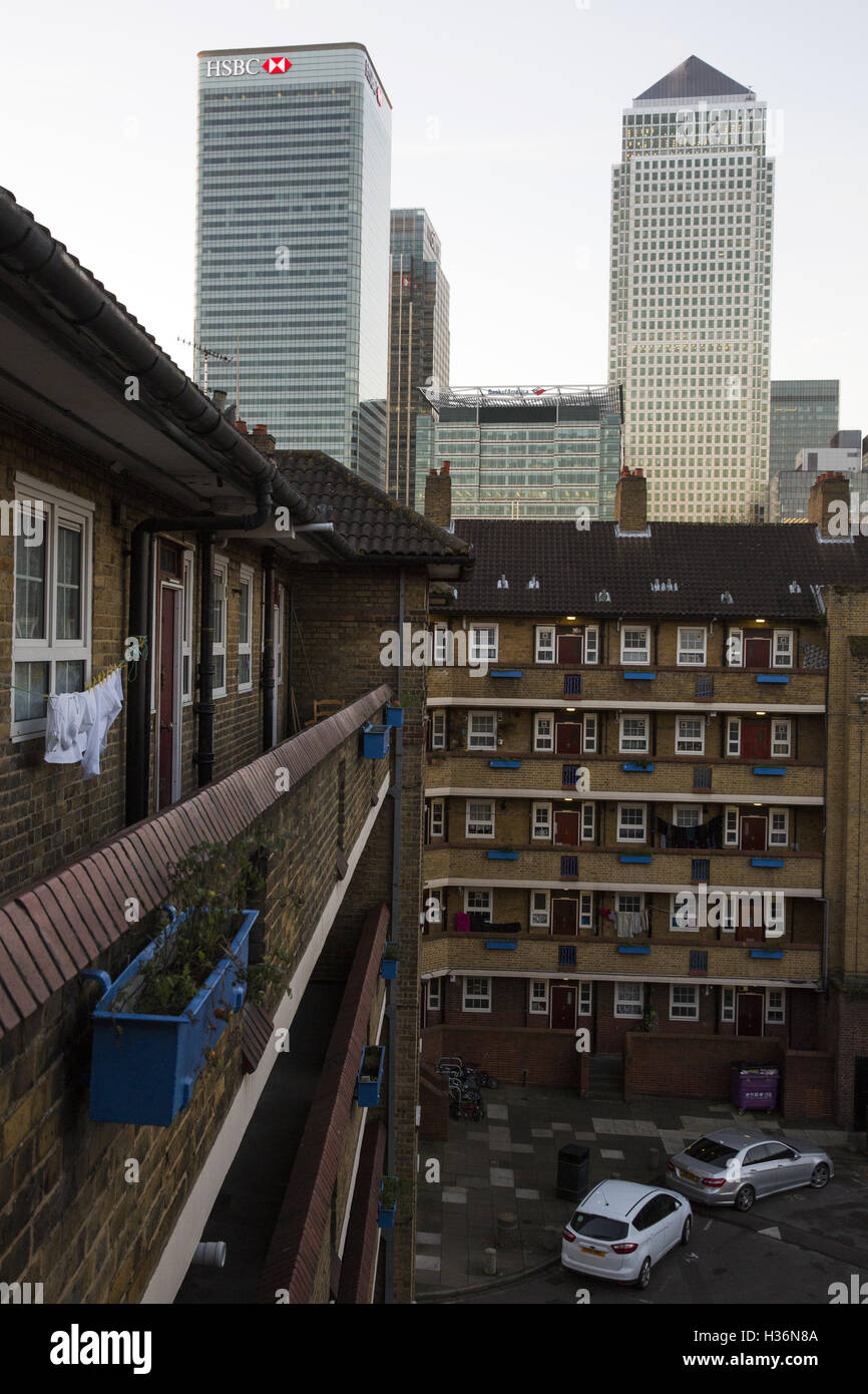 A Tower Hamlets estate is pictured with HSBC & No.1 Canada Square Stock
