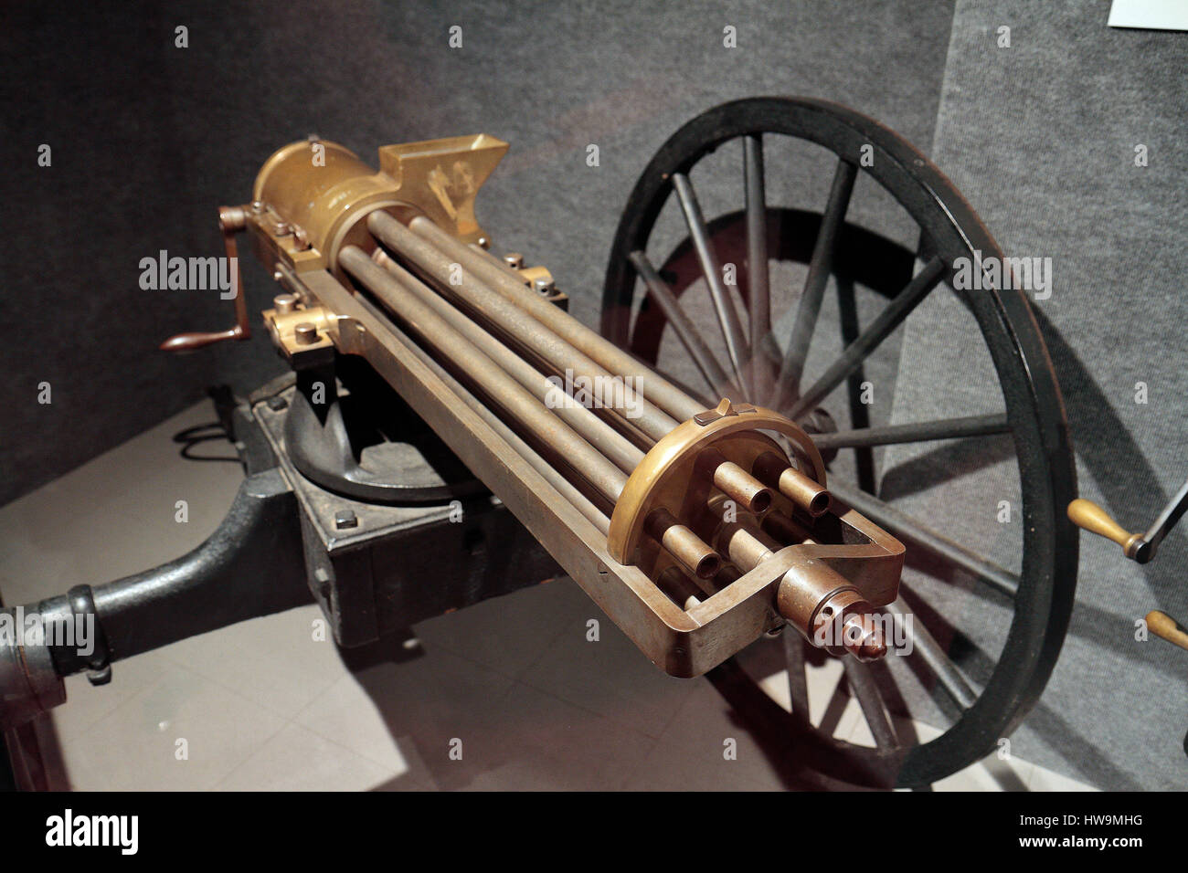 A Gatling rapid-fire gun model 1862 on display in the Springfield Stock ...