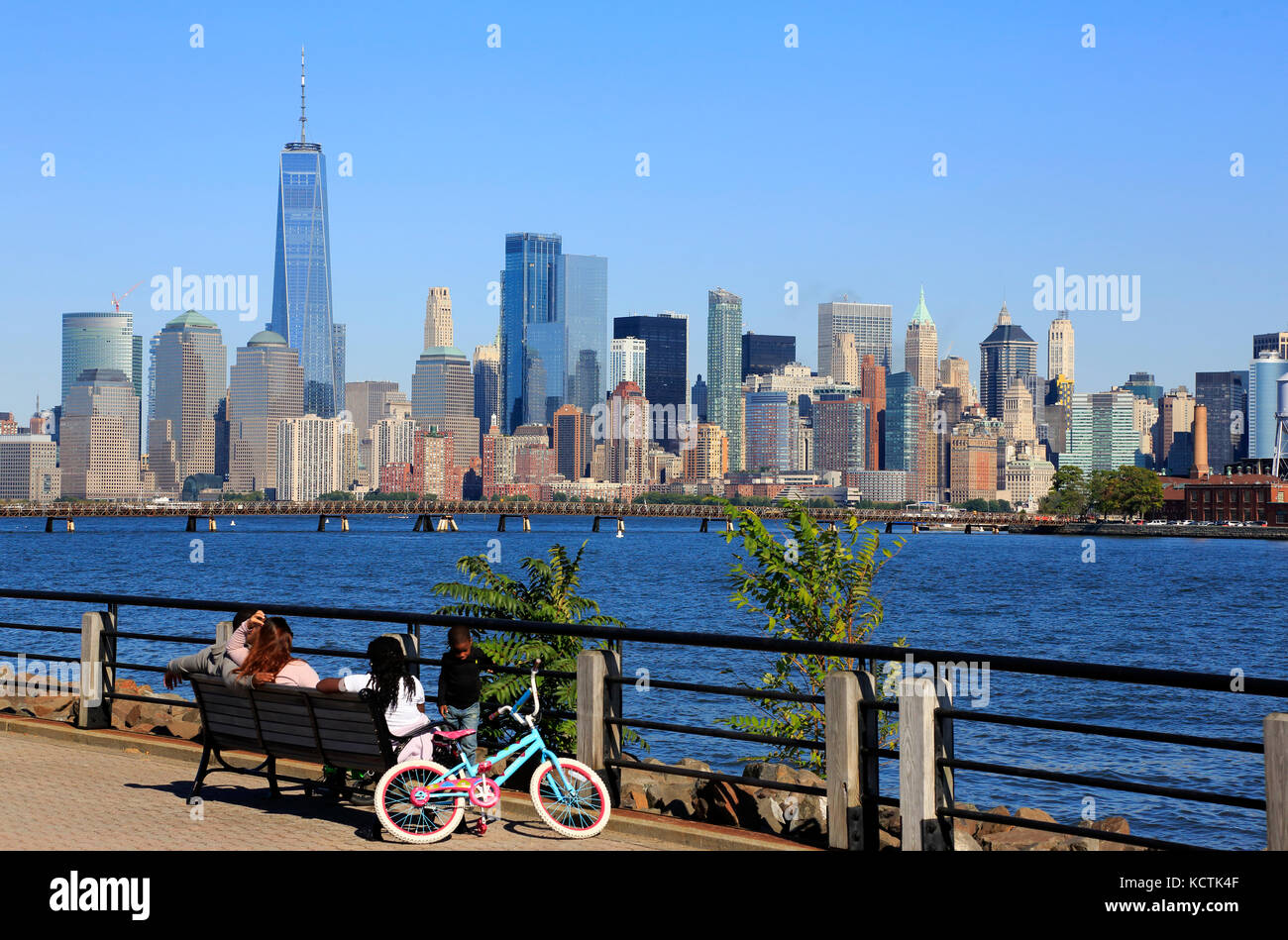 Visitors relaxing on the Hudson River Waterfront Walkway with skyline ...