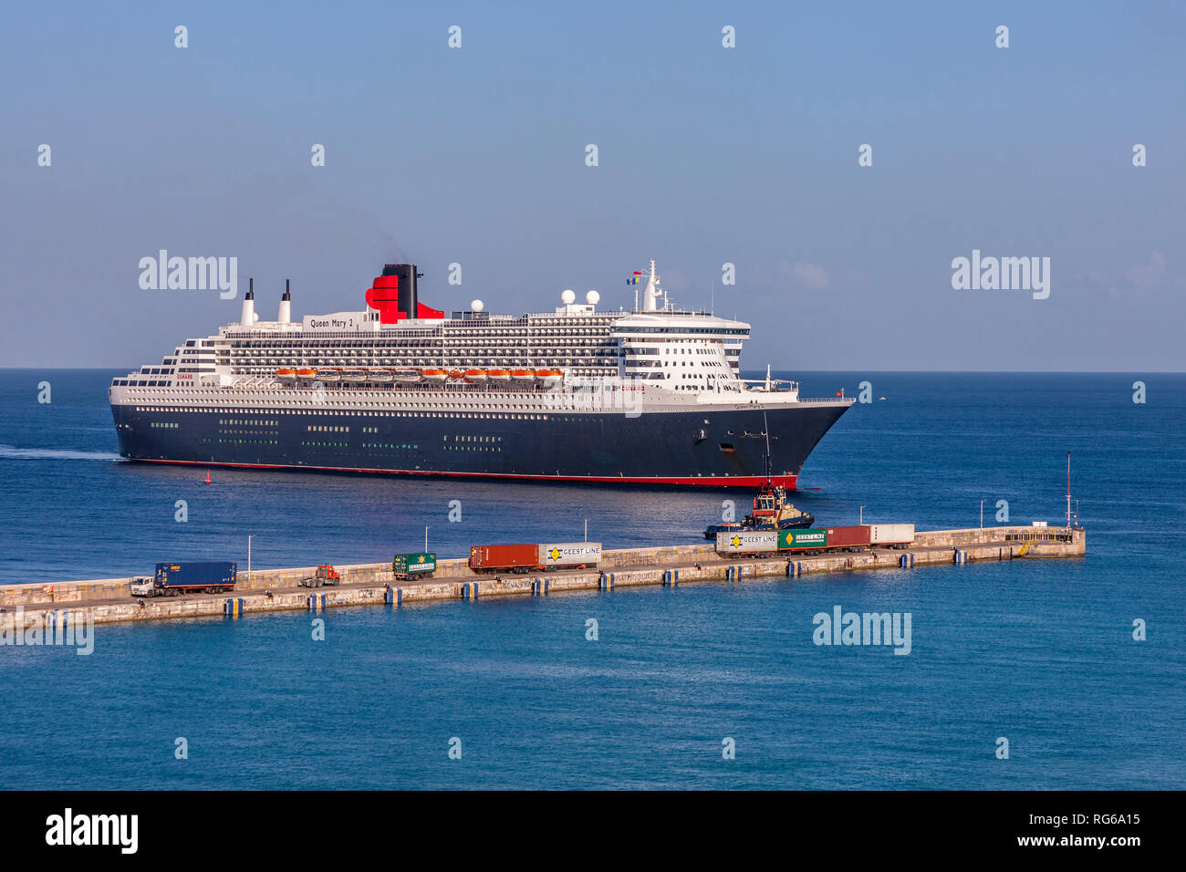 Queen Mary 11 arriving in Bridgetown Port Barbados. Early morning Stock